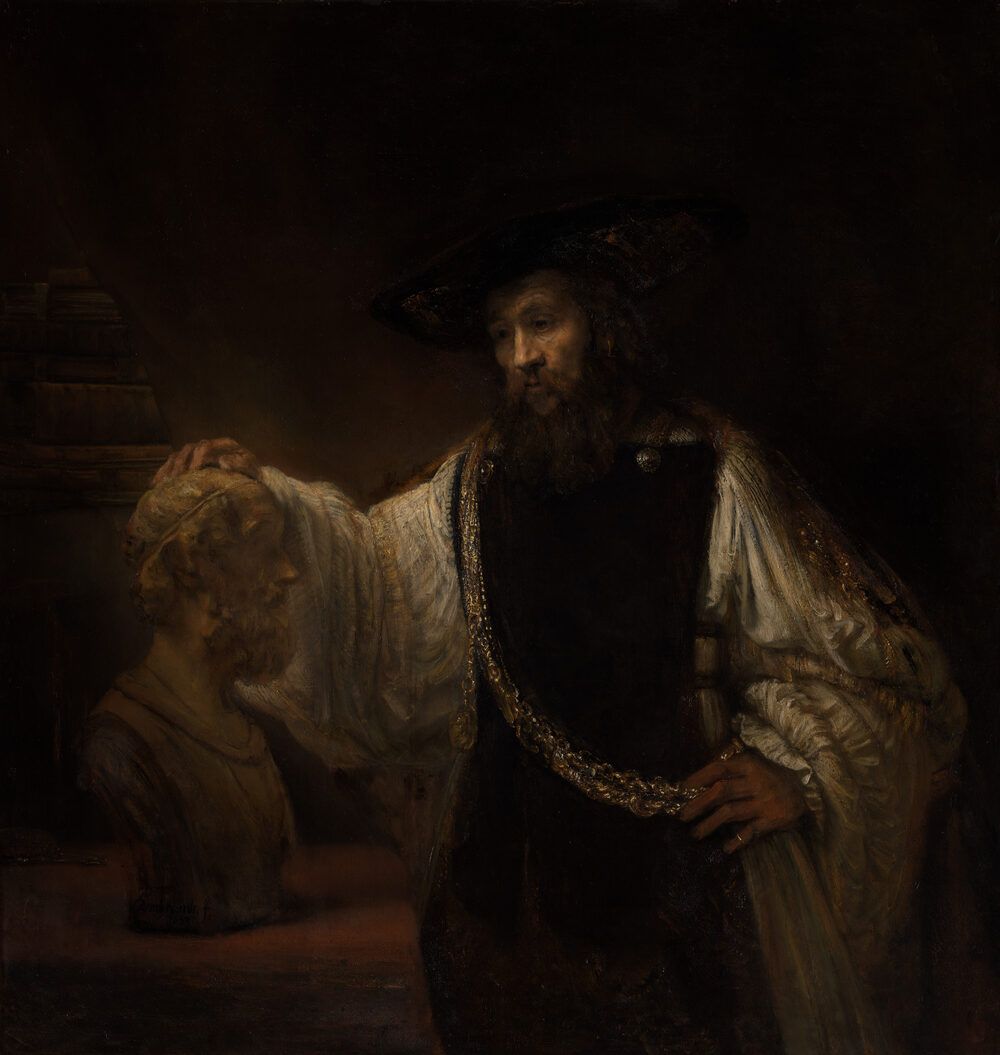 Rembrandt's painting of Aristotle, in a gold chain, resting his hand thoughtfully on a bust of Homer.